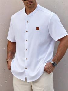 【Plus Size】 Solid Color Short Sleeve Button Henley Shirt, Regular Fit Casual Breathable Comfortable Shortsleeve Top for Summer, Men's Plus Size Clothes for Daily Wear, Button Front Shirt