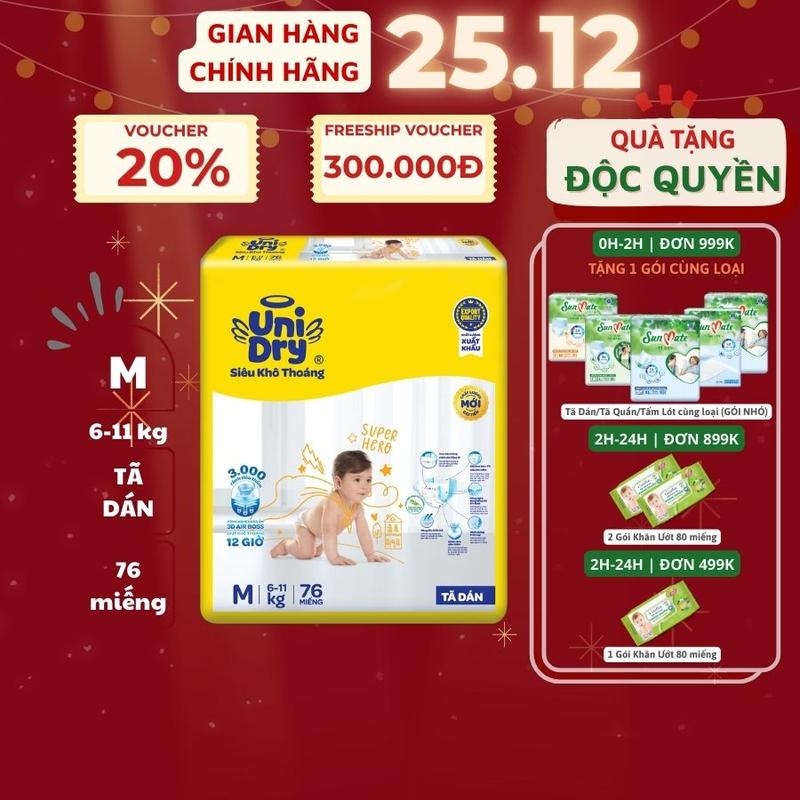  Tã dán UniDry Siêu khô thoáng gói Jumbo mới size M76 L68 XL62 