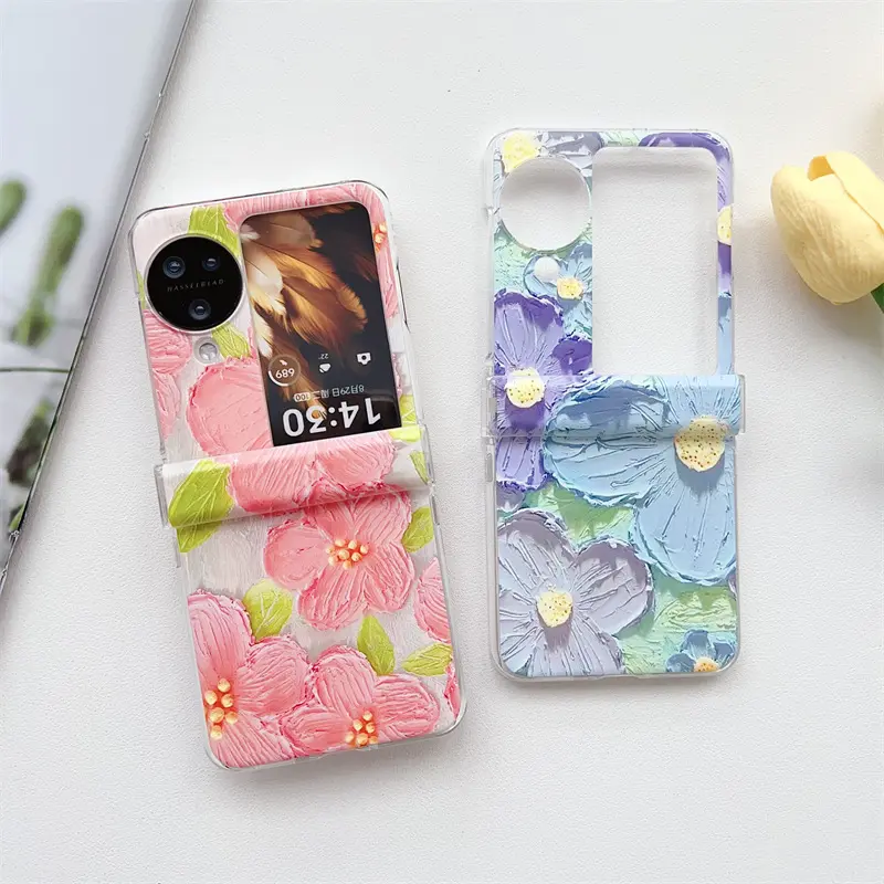 เคสโทรศัพท์, สำหรับ OPPO Find N3 Flip, การออกแบบภาพสีน้ำมันส่วนบุคคล, ดอกไม้สีชมพูและสีน้ำเงิน, เปลือกพับ, เข้ากันได้กับ OPPO Find N2/n3flip, เหมาะสำหรับ OPPO Find N2 Flip