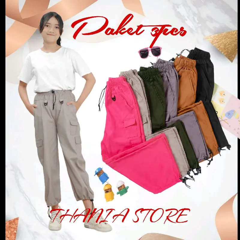 Paket 3pcs celana ROSE cargo anak perempuan Korean style usia 1-13 tahun katun Abu Hitam Pink Bunda 0