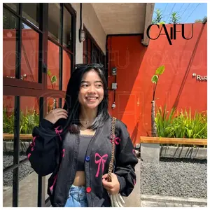 CAIFU Cardigan Wanita Crop PITA Hitam - Model Balon, Sablon & Kancing Warna Warni - cardigan buat sekolah baju outfit cewek