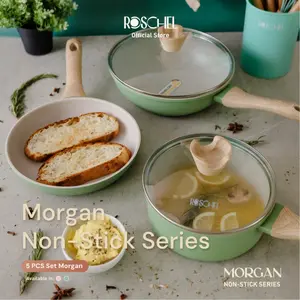 Set Panci Wajan Penggorengan Roschel Morgan Non-Stick Series (FP 22 cm + SP 18 cm + Wok 24 cm) dengan Pelapisan Greblon C2 Jerman