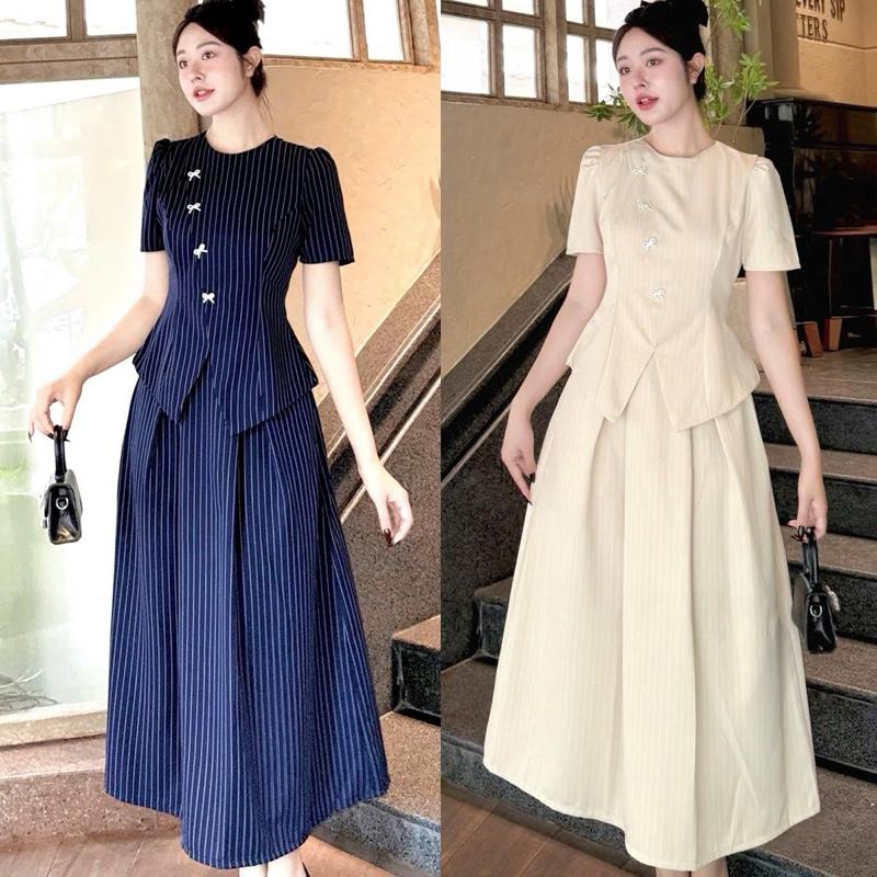 SET ÁO KẺ SỌC PEPLUM VẠT CHÉO KÈM CHÂN VÁY DÀI XẾP LY KẺ SỌC phù hợp đi làm đi chơi đi tiệc