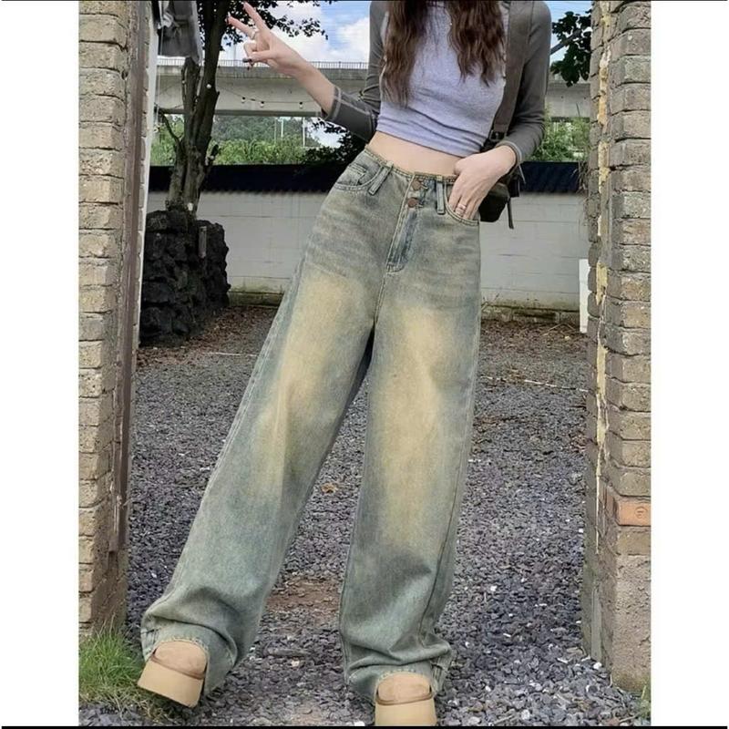  Quần jean bò ống suông 2 cúc cạp tua jeans cạp cao phong cách style 