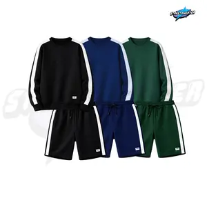 One Set Crewneck & Shortpant Strees Line Polos Setelan Berbahan Kain Fleece Lembut Adem Size M-XL