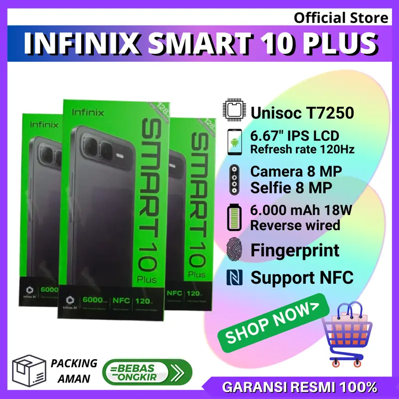 INFINIX SMART 10 PLUS 8/128 GB NFC UP TO 16 GB 6,67 INCH GARANSI RESMI