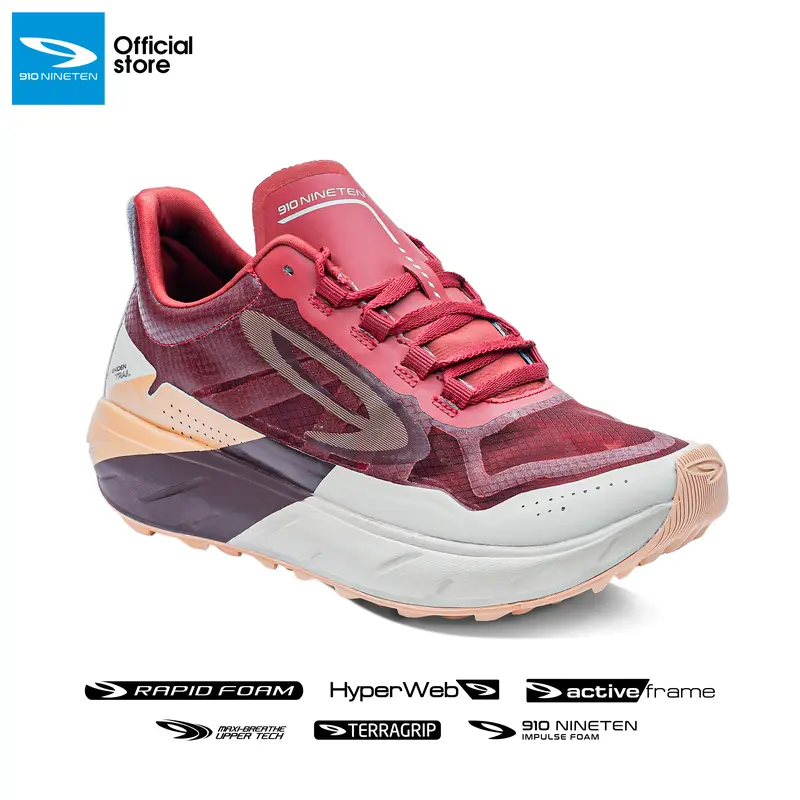 910 Nineten Sepatu Trail GEIST EKIDEN TRAIL Maroon/Abu/Kuning 40