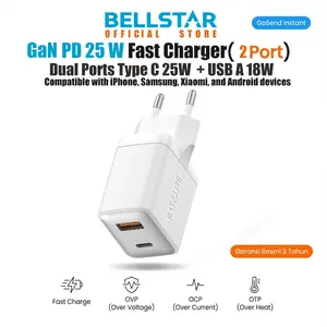 BELLSTAR Adaptor Charger Type C USB Fast Charging GaN 25W 2 Port For iPhone 15 Samsung infinix xiaomi redmi