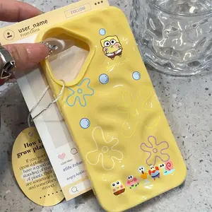 Case HP Untuk IPhone 15 13 16 11 14 12 Pro Max 15 16 14 Plus 13 15 16 12 14 Pro Fashion Kartun Lucu SpongeBob SquarePants Gelombang Ruffle Air Mengkilap Soft Cover