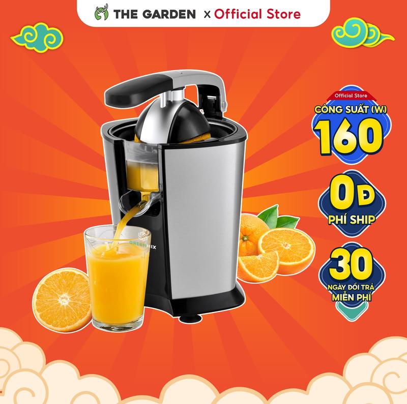 Máy Vắt Ép Cam Chuyên Dụng THE GARDEN x GREENMIX GM-160 Công Suất 160W Tay Cầm Trợ Lực Động Cơ Dây Quấn Chất Liệu Inox 304 Không Gỉ Vòi Rót Gạt Lên Giữ Vệ Sinh Khu Vực