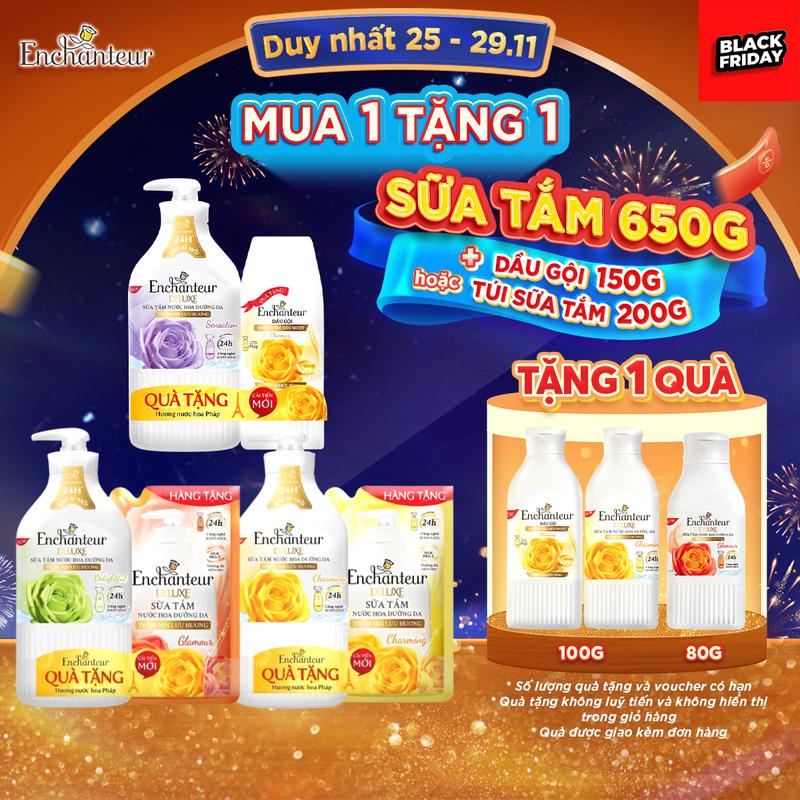   MUA 1 TẶNG 2  Sữa Tắm Enchanteur 650g + Tặng 1 Sữa tắm 200g  Dầu gội 150g – Hương Nước Hoa Quyến Rũ Charming Sensation Delightful Romantic Magic 650g 