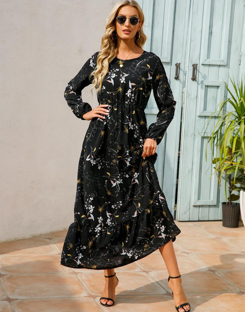 Product Introduction of Cross-Border Foreign Trade Spring and Autumn Floral Chiffon Dress Waist-Controlled Slimming Long Sleeve round-Neck Long Printed Dress Women's 22
