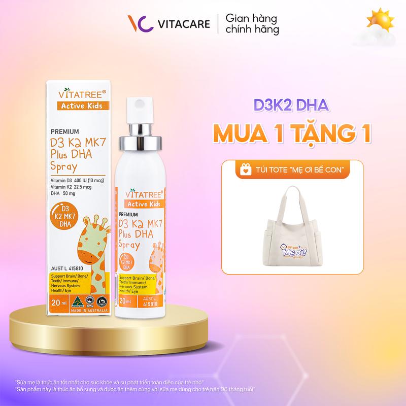 [Deal siêu tiết kiệm - Lọ 20ml] Vitamin D3K2 MK7 PLUS DHA cho bé dạng xịt tinh khiết - Hấp thu canxi cao lớn khỏe mạnh D3 thông minh Vitatree - Nhập khẩu Úc chính hãng