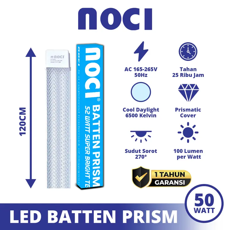 Noci Lampu LED Batten 50 Watt Cahaya Super Putih Terang Hemat Daya