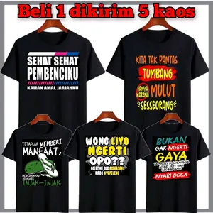 Beli 1 dikirim 5 pcs Kaos Premium Kaos kata-kata Baju Pria Oblong Wanita Sablon Keren Katun Combed Pendek Dewasa Hitam