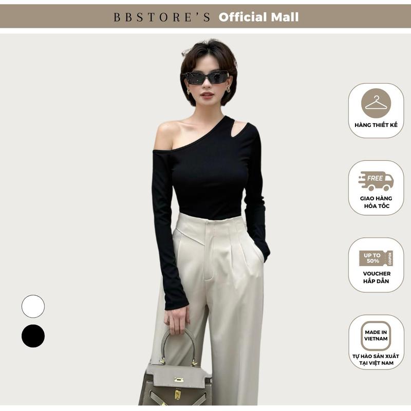  BBSTORE'S Áo Thun Chất Liệu Thun Gân Tay Dài Khoét Vai Cao Cấp Màu Trắng Đen Kiểu Dạo Phố Sang Trọng - A2267 
