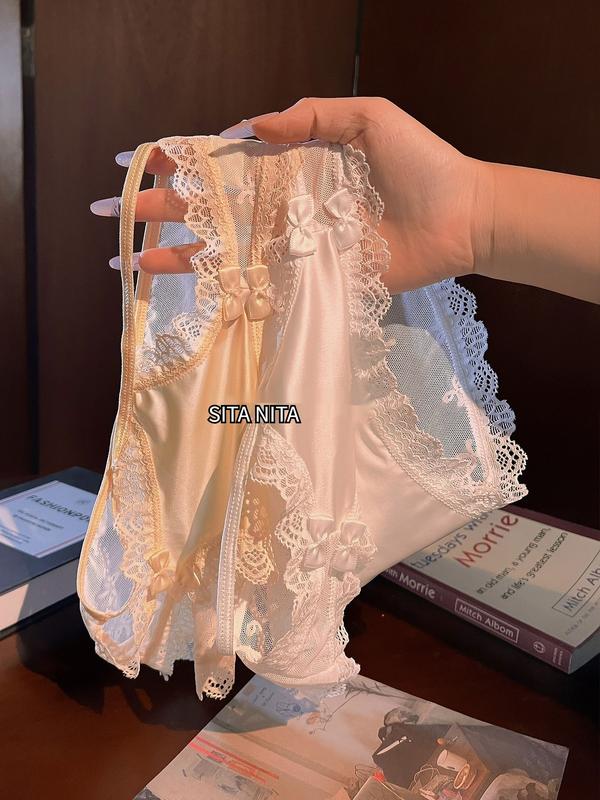 Quần Lót Nữ Thoáng Khí Và Thoải Mái Đáy Quần Cotton Nguyên Chất Phong Cách Pháp Ren Bán Trong Suốt Có Thắt Nơ Thích Hợp Cho Phụ Nữ