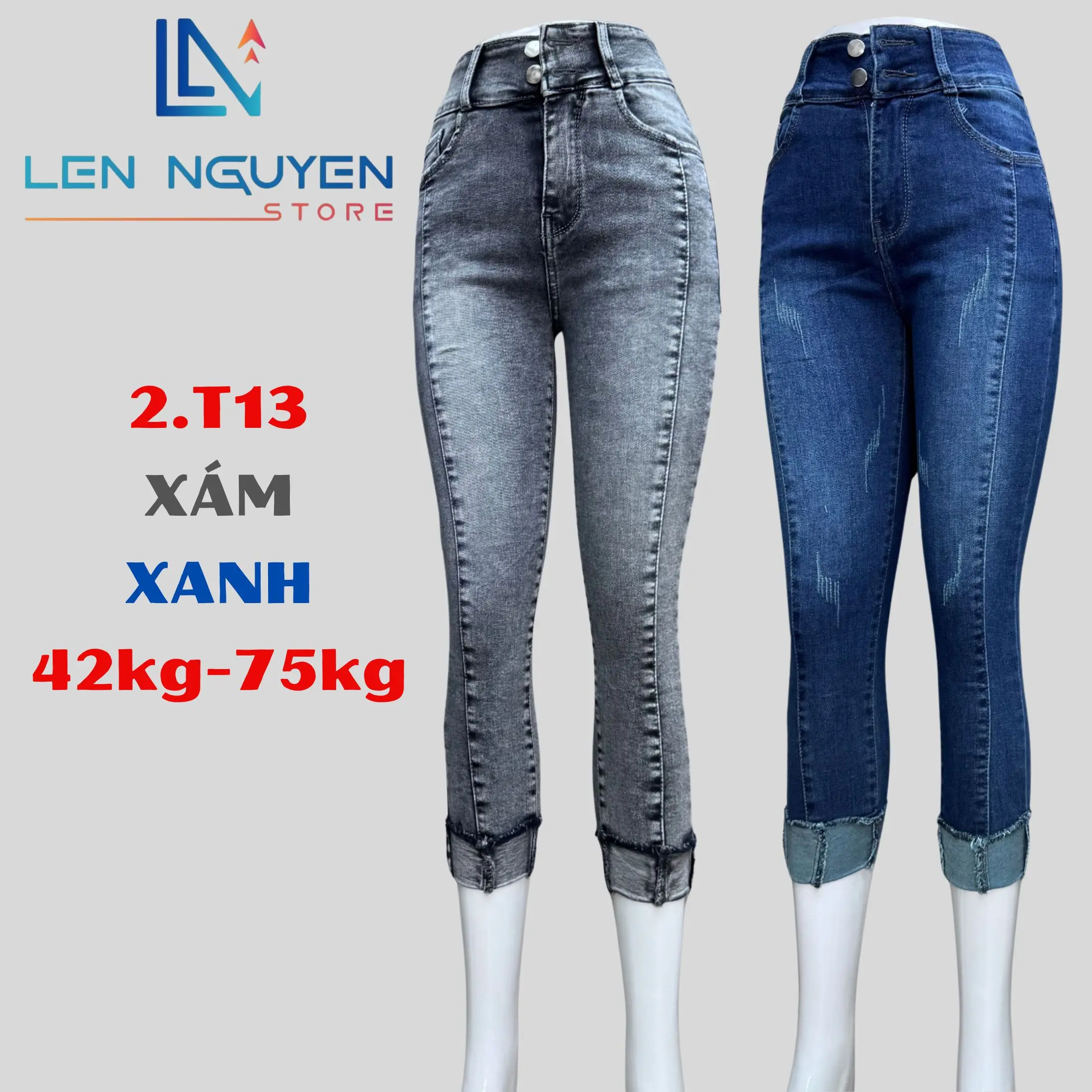 2.T13 [ Lên Nguyễn Store ] Quần Jean (Bò) Nữ 9 Tất, Lưng Cao 2 Nút, Dài 85-90cm, Size 42kg-75kg, Thiết Kế Xếp Ly, Màu Xám, Xanh, Ống Ôm, Co Giãn, Mền Mịn, Bigsize, Hotgirl, Mang Phong Cách Năng Động, Trẻ Trung, Tự Tin, Dễ Phối Đồ, Skinny. Women