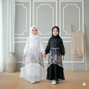 Gamis Ceruty Babydoll Premium Mix Chantily Model Free Hijab Segi Empat Baju Muslim Anak Perempuan Usia 3-13 Tahun Bahan Kekinian untuk Lebaran dan Sehari-hari Size 3-4 hingga 21/24