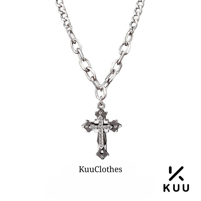 Dây chuyền nam titan không gỉ hình thánh giá họa tiết layer đính đá cá tính Kuu Clothes màu bạc sang trọng - Vòng cổ chữ thập đá