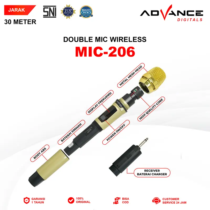 【COD】Advance MIC-206 Double Mic Wireless Recharger Bisa digunakan untuk Souncard/Speaker Garansi Resmi 1 Tahun Gold Microphone 3