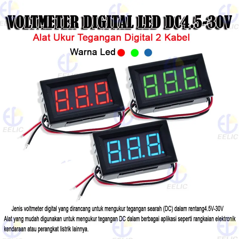 EELIC VMD-DC4.5VS30V Voltmeter digital led dc 4.5-30v voltmeter 0.56 inch 2 kabel alat ukur tegangan digital terdapat 3 pilihan warna led digital yaitu merah,biru,hijau 2