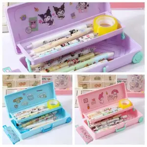 Tempat Pensil Stiker Kuromi Kartun Kotak Alat Tulis Large Capacity Troli Kotak Pensil Anak Perempuan