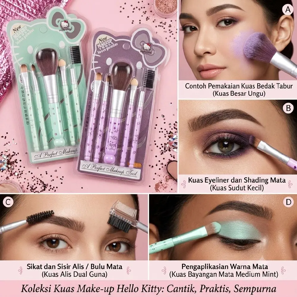 1 PAKET SET KUAS BRUSH MAKE UP ISI 5 MACAM KUAS BRUSH MOTIF HELLO KITTY LUCU MENARIK UNIK KUAS MULTIFUNGSI BULU HALUS NYAMAN DI GUNAKAN KUAS  Alis Wajah Bibir Concealer Meratakan