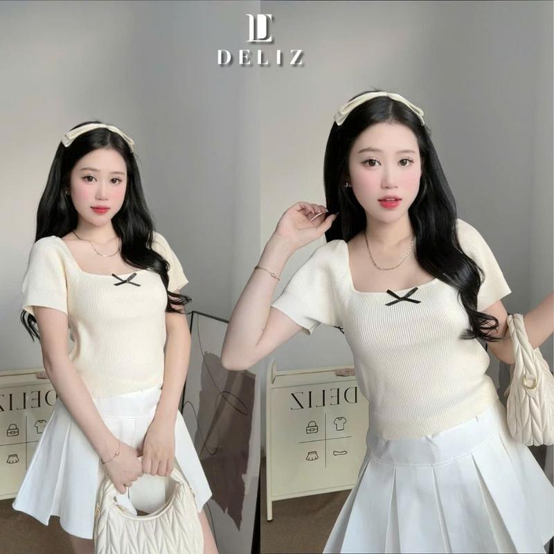 Áo len nữ cộc tay phồng dáng ngắn phối nơ DELIZ - ALC02