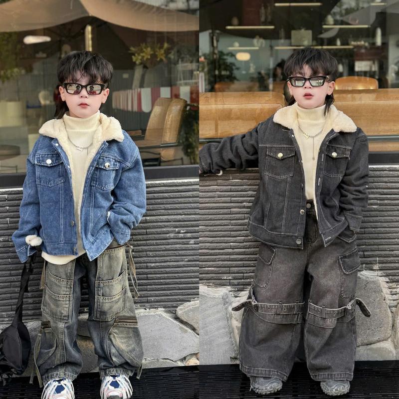  Áo Khoác Bé trai lót lông với chất liệu jean cao cấp hottend 2025 phù hợp cho bé mặc vào mùa lạnh có đủ size từ 12kg-52kg có thể giặt máy bosat betrai đại boy phố trẻ em lớp 4 Quần Dài KAKI túi quanjeans 