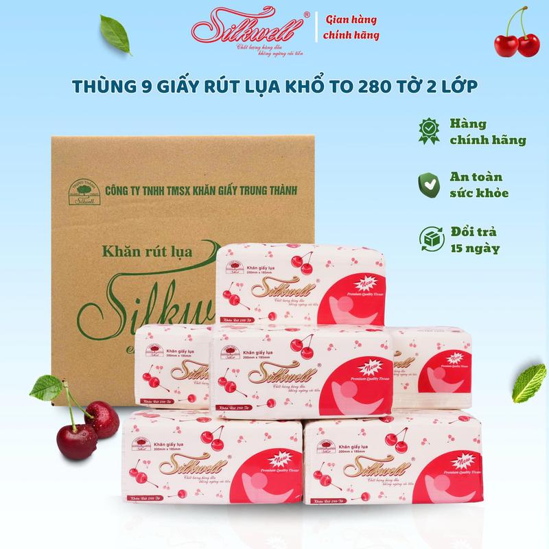 Thùng 9 Gói Giấy Ăn Rút Lụa Silkwell 280 Tờ 2 Lớp Khổ To Siêu Mềm Mịn Không Tẩy Trắng Không Bụi Giấy Hàng Chính Hãng