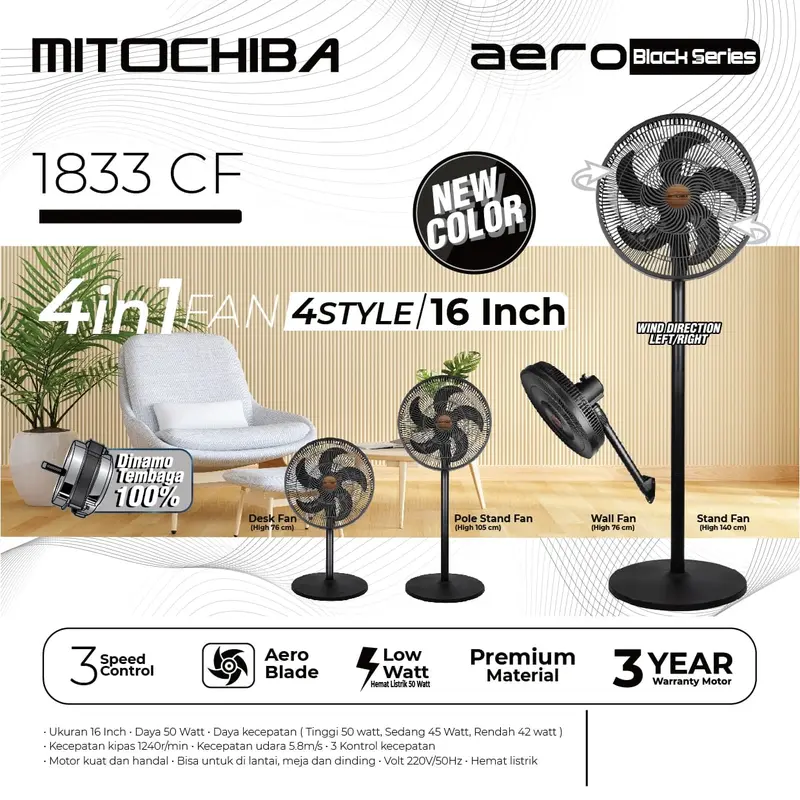 MITOCHIBA Kipas Angin Multi fungsi 4 in 1 - 1833CF - 16" 8