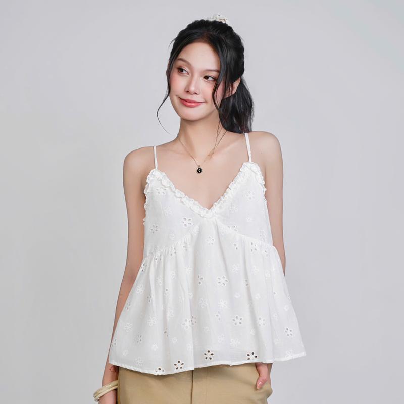 Áo 2 dây babydoll Rumin Miều Est.2013 trắng thêu hoa cúc dễ thương