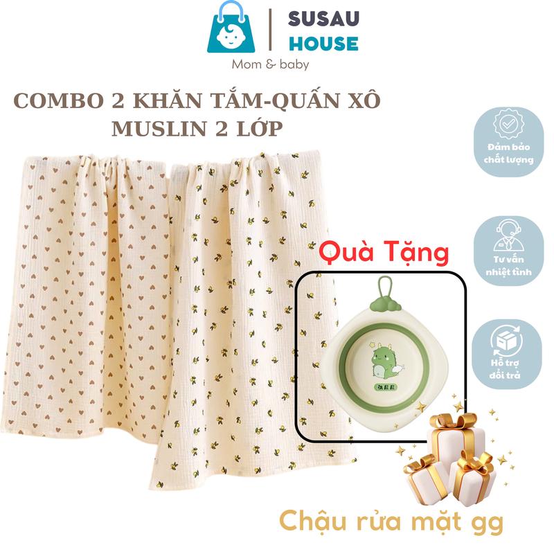 [TẶNG CHẬU] COMBO 2 Khăn Tắm Khăn Quấn Xô Muslin 2 Lớp  Đa Năng Cho Bé Kích Thước 90x100cm em