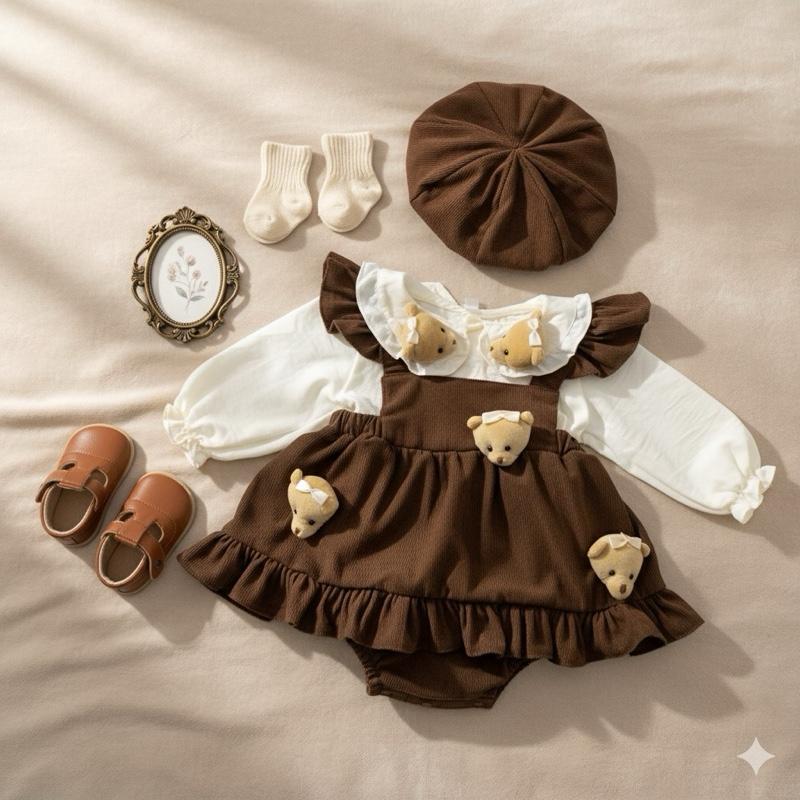   NEW - ĐỘC QUYỀN  Set Body Yếm Nhung Nâu Tây Áo Sơ Mi Đính Gấu Vintage Kèm Mũ Nồi Cho Bé 3-12kg 