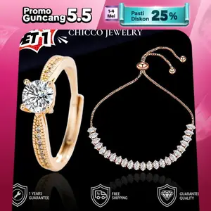【BUY 1 GET 1】Cincin dan Gelang Zirkon Simpel Warna Emas Mawar Penuh Berlian Geometris Cocok untuk Sehari-hari Pesta Hadiah Pernyataan Cinta CHIC&CO Adjustable Aksesoris anti luntur anti perubahan warna Garansi 1 Tahun gelang tangan 142 SL11