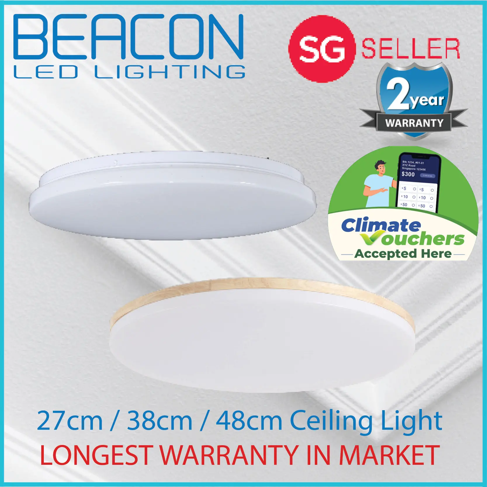 (CLIMATE VOUCHER) BEACON LED Acrylic Ceiling light - 27cm/38cm/48cm - Easy LED Replacement - up to 2 years warranty (Most popular ceiling light in Singapore)