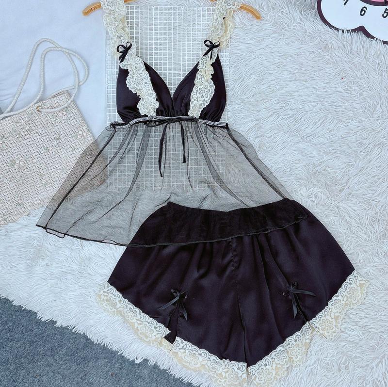 Freesize 60Kg-90Kg Đồ ngủ xinh Đồ Ngủ Secxy. Bộ Ngủ Nữ Lụa Satin Phối Lưới Dây Ren Có Mút Kiểu Dễ Thương Quần Xẻ Giữa Đính Nơ Women