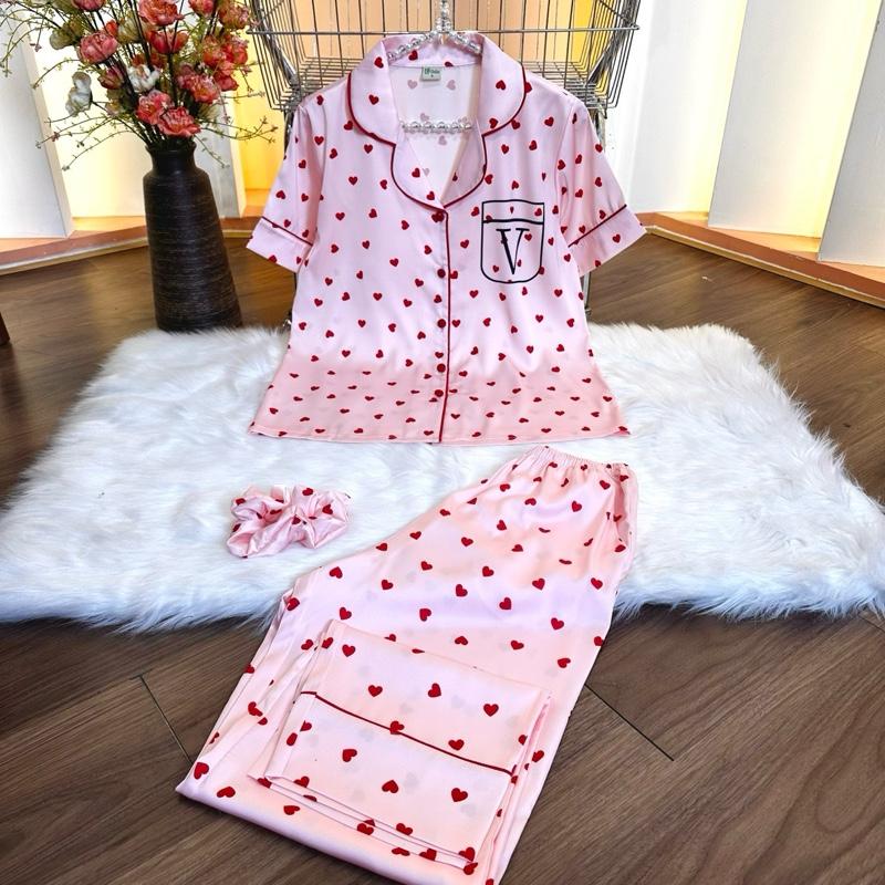 LATIN SPK (K62) (45kg-85kg) - Pijama Latin lụa mịn thiết kế hoạ tiết trái tim phối nền hồng sang trọng Áo Ngủ Áo dobo tay ngan
