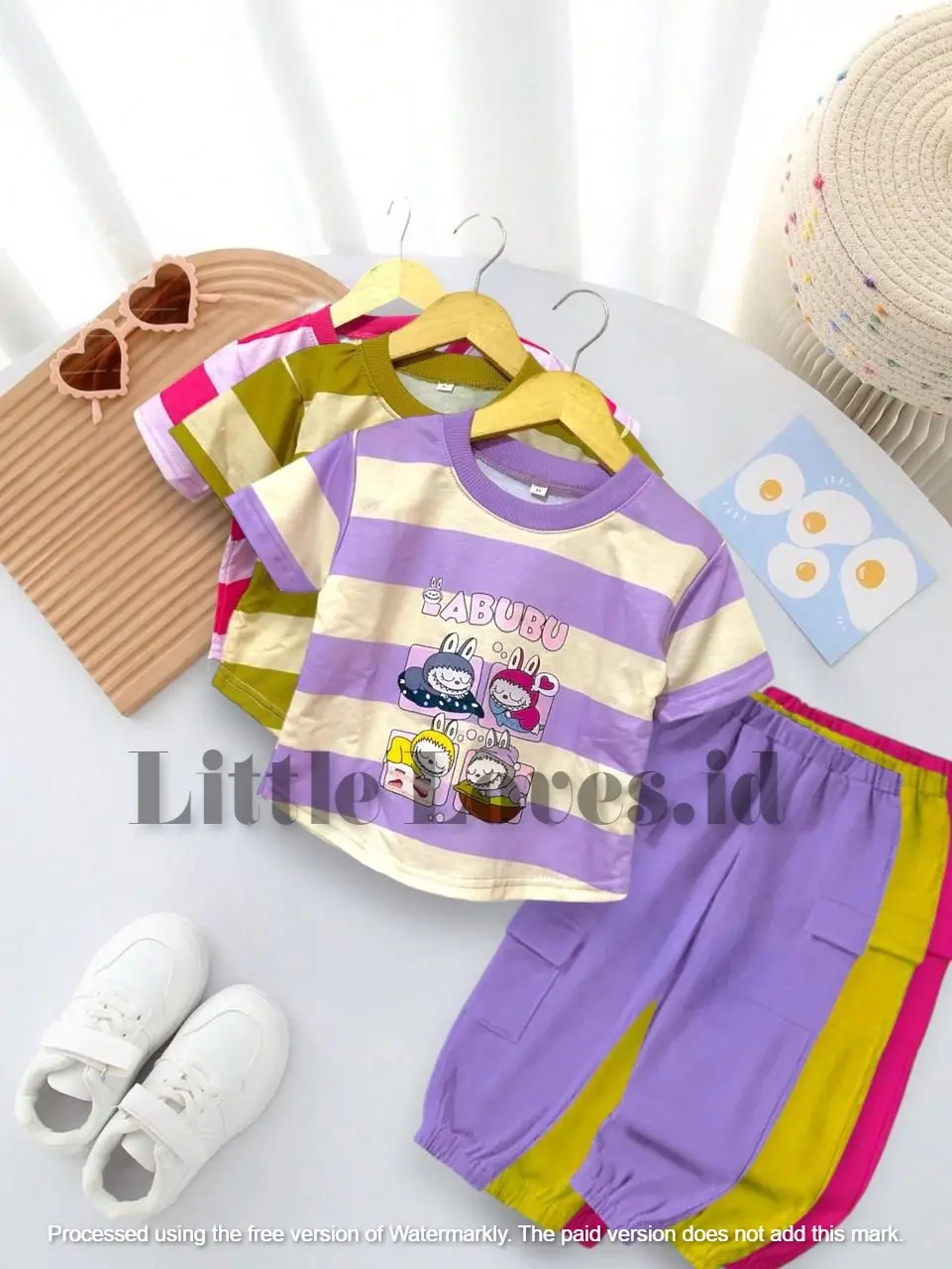 One set labubu anak perempuan bahan flis motif terbaru model salur celana kargo usia 1 sampai 6 tahun