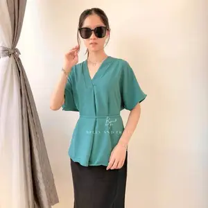 B&F - LUNA Blouse Batwing Atasan Short Sleeve V Neck Crinkle Airflow Casual Look 0448