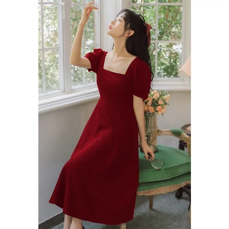 8940 dress putih gril a line formal fairy Strendy summer elegant Fitted square neck church dress 4