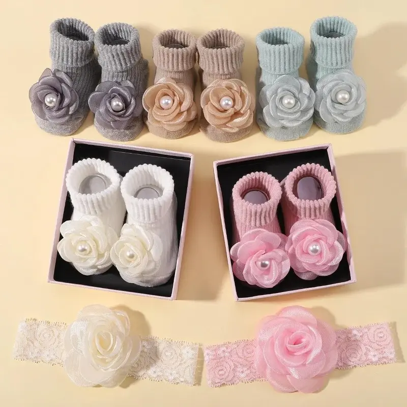 1 Set Sweet Lace Rose Flower Baby Socks Hair Band Set Infant Toddler Non Slip Breathable Short Socks Newborn Headband Sets Gift 8