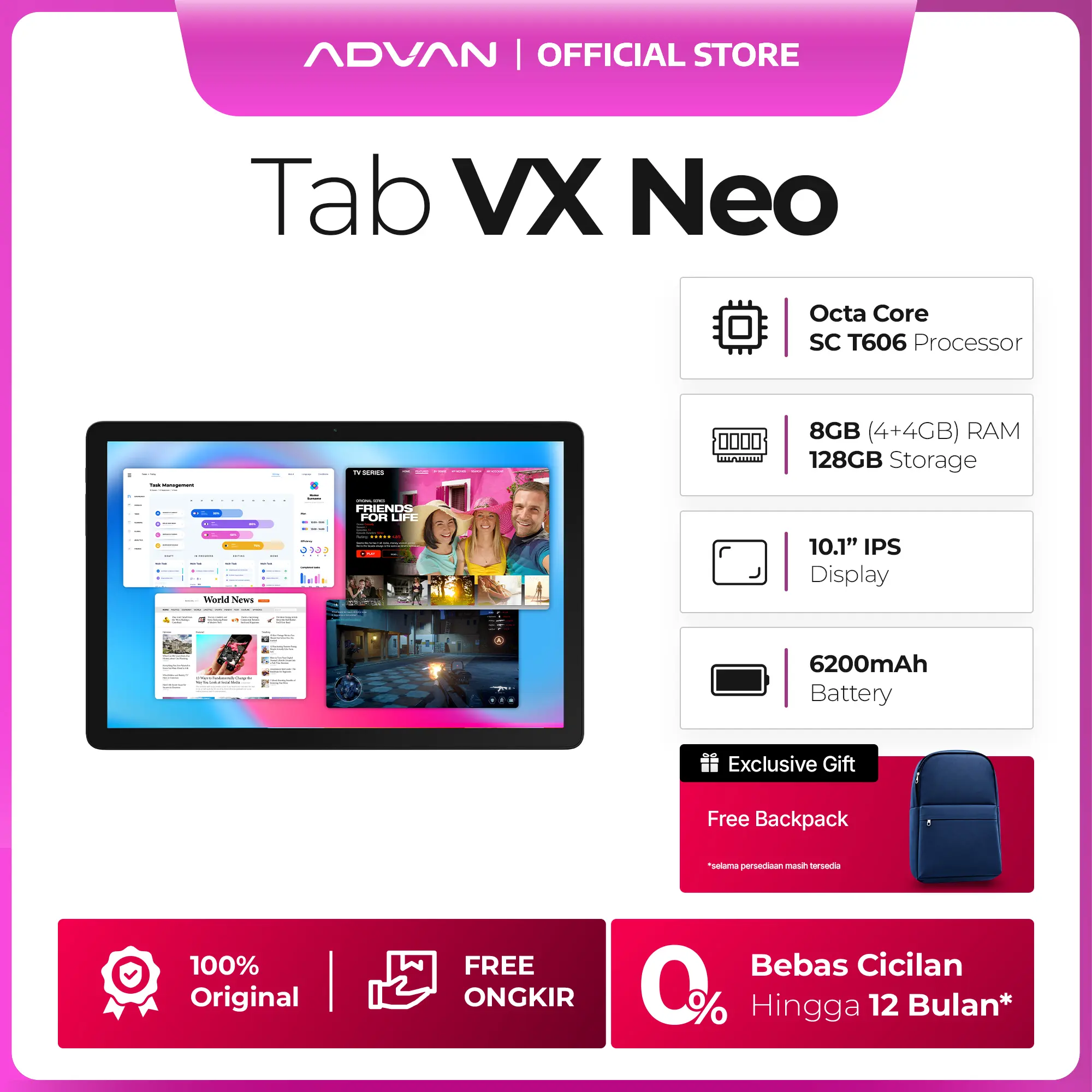[FREE BACKPACK] ADVAN TAB VX NEO 4GB/128GB 10.1”IPS SCREEN TABLET ANDROID 14