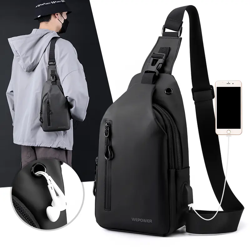 Trendy Headphone Hole Men Chest Bag Multi Layer Large Capacity Crossbody Bags For Boys Waterproof Anti Theft Men Shoulder Bags
