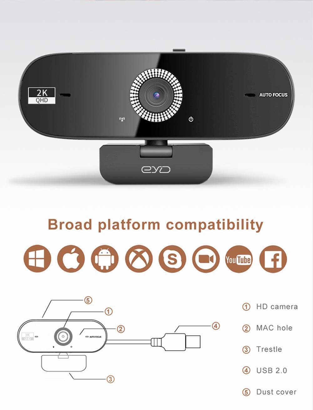 EYD 2K Webcam Autofocus Mikrofon internal Tutup Lensa Privasi Rotasi 360 Untuk USB Laptop Komputer PC Camera PC02 Kamera Windows/Linux/Android/MacOS