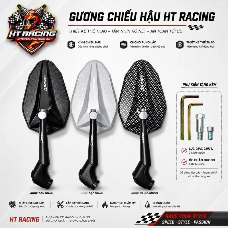 Gương H2D V2 chất liệu bằng nhựa. Tặng kèm 1 ốc thuận và 2 Lục Giác để lắp. Đủ điều kiện tham gia giao thông. (Sh mua kèm chân nối).