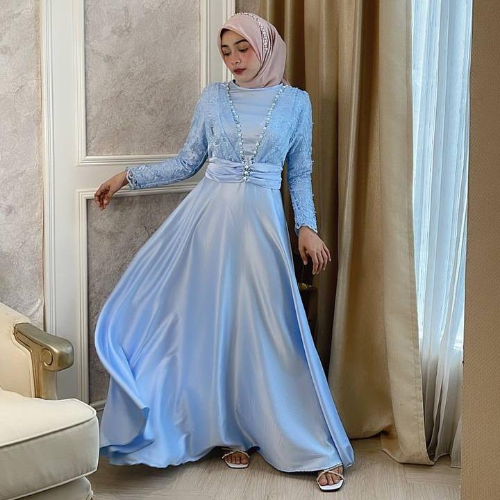 Amirah Dress Gamis Pesta Lebaran 2025 Wanita Kondangan Muslim Remaja Dewasa Mewah Maxi Satin Seragaman Simple Mutiara Gaun Rok Mayung 0