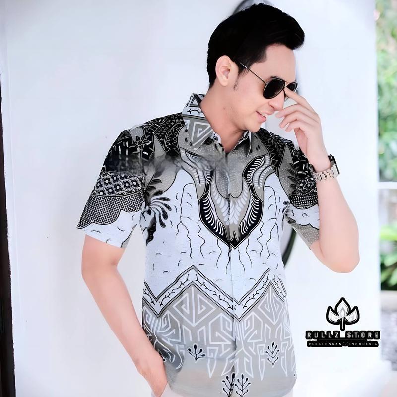 Kemeja Batik Pria Lengan Pendek - Bahan Katun Cowok Distro Dewasa Surfing Atasan Casual Panjang Motif Hitam - Kerja Kemeja batik Keren Hem Nyaman Baju Santai 8