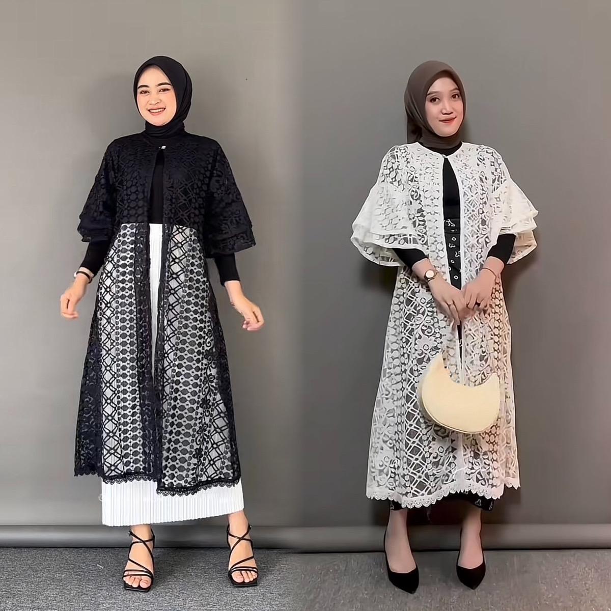 MALLIKA OUTER BRUKAT LENGAN RUFFLE KONDANGAN Muslim Wanita Cardigan Dress Panjang Hitam Kardigan lebaran